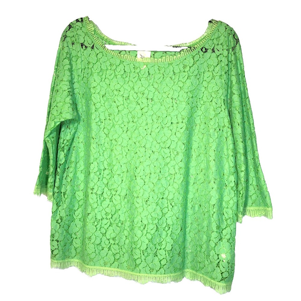 Weston Wear‎ Kelly Green Lace Short Sleeve Top Fringe Lace Hems Size Large